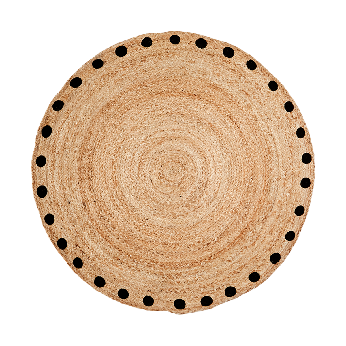 JUNI Matta i flätad jute, natur med svarta prickar längs kanten, diameter 100 cm