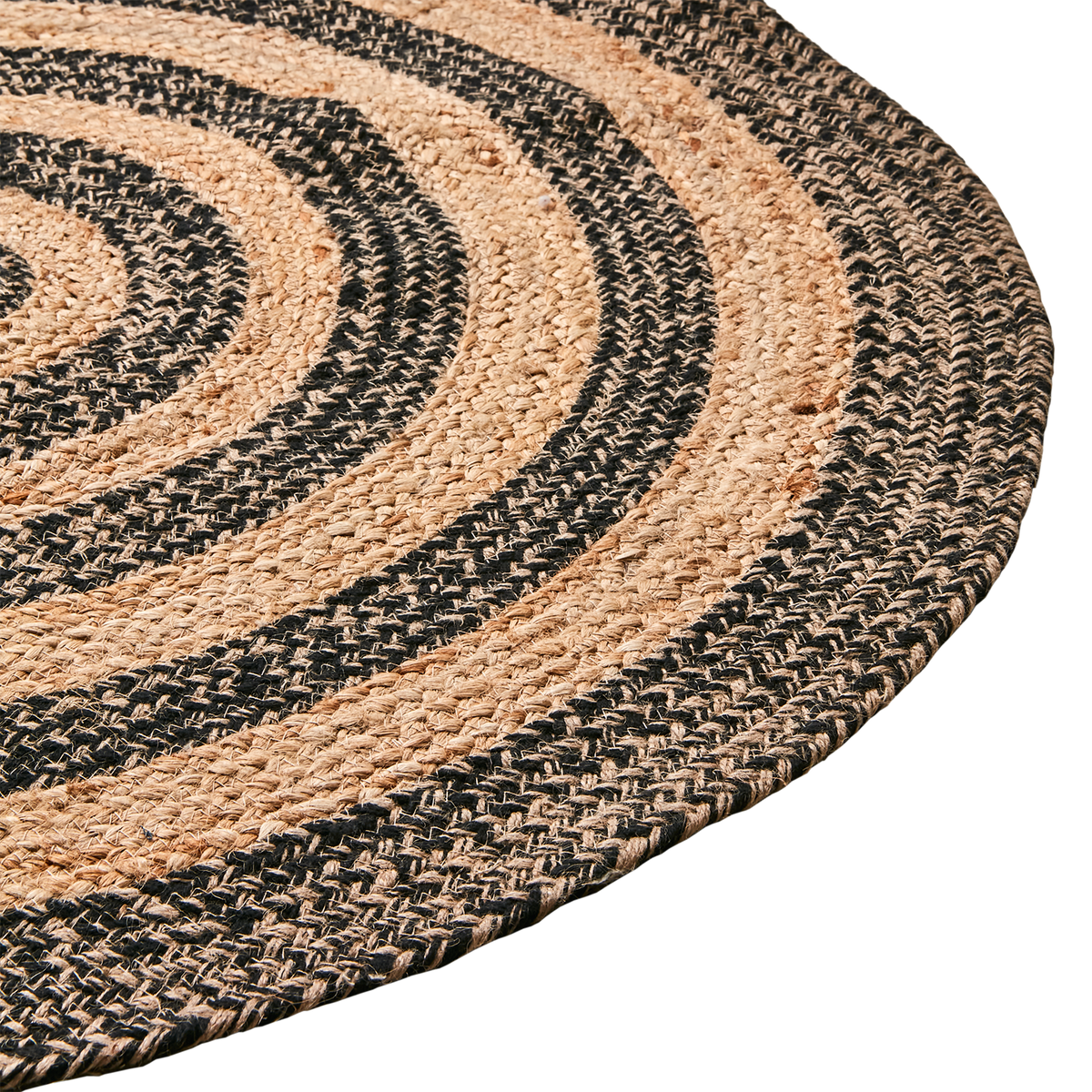 JUNI Matta i handvävd jute med svarta och naturfärgade ringar, diameter 90 cm – bild 2