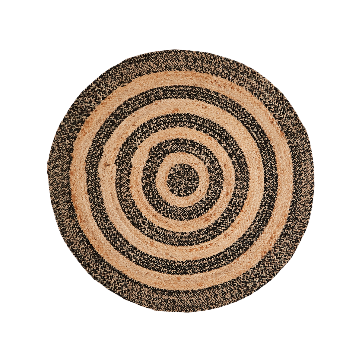JUNI Matta i handvävd jute med svarta och naturfärgade ringar, diameter 90 cm