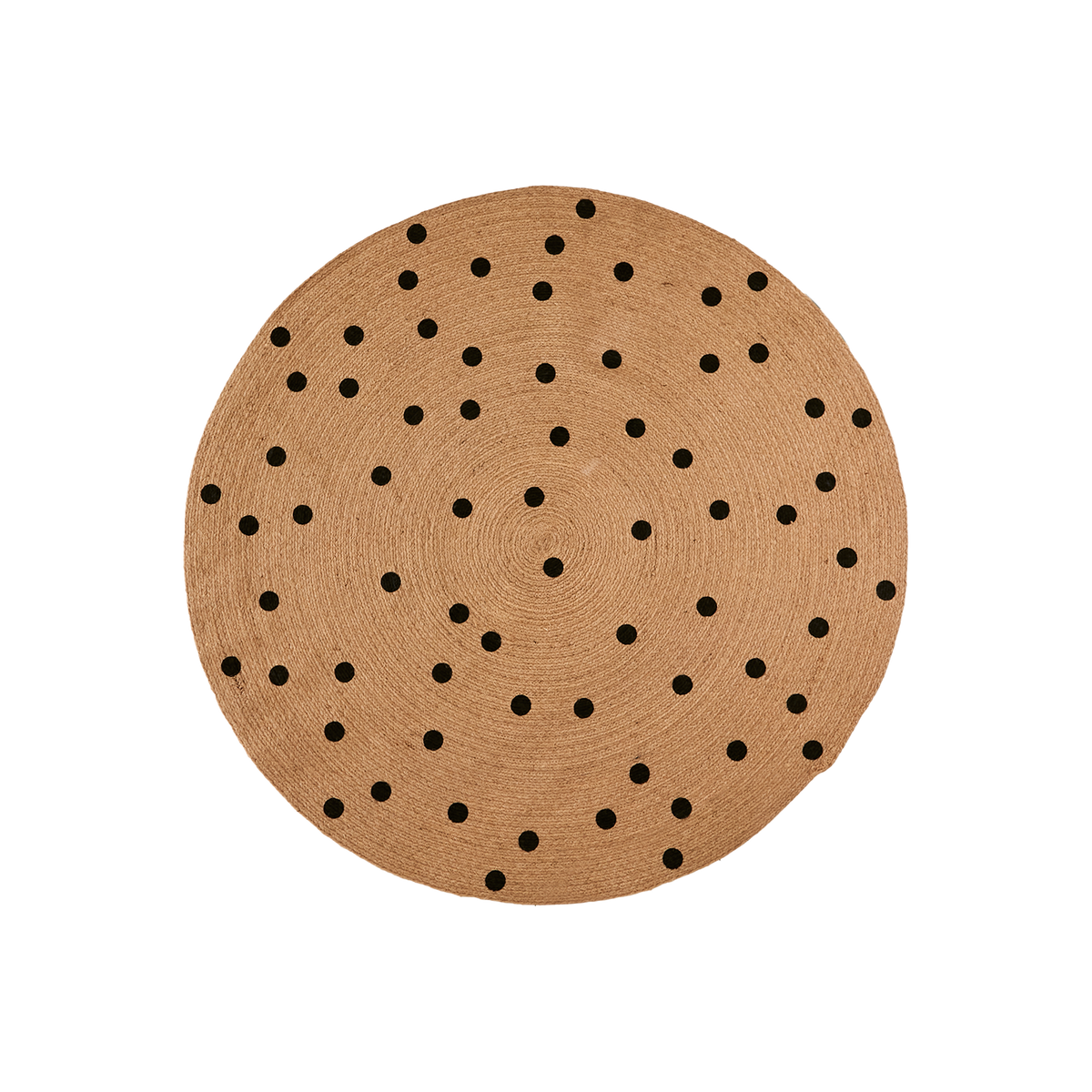 JUNI Matta i flätad jute, natur med svarta prickar över hela ytan, diameter 120 cm