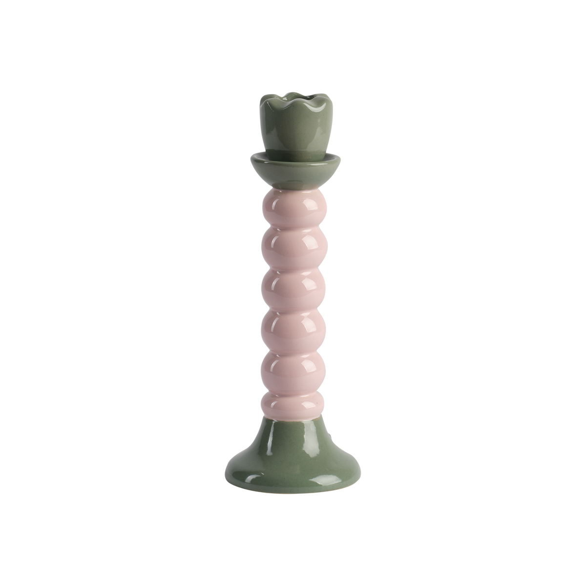 JOSSAN Ljusstake i stengods med rosa kulstam och grön fot och ljuskopp, Ø8 × H22 cm