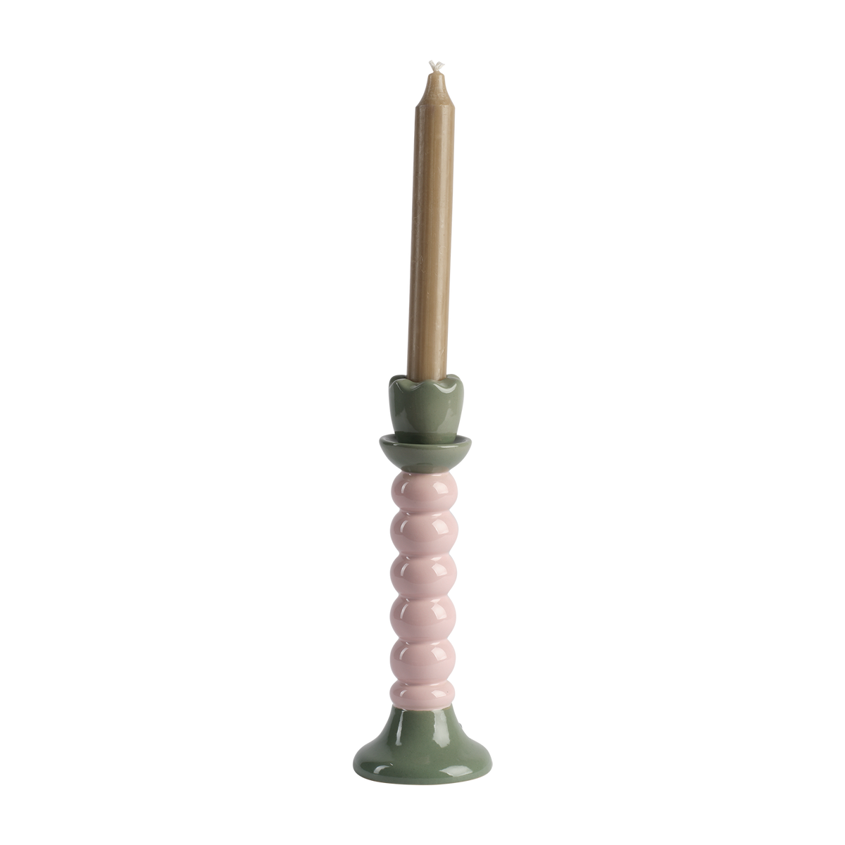 JOSSAN Ljusstake i stengods med rosa kulstam och grön fot och ljuskopp, Ø8 × H22 cm – bild 2