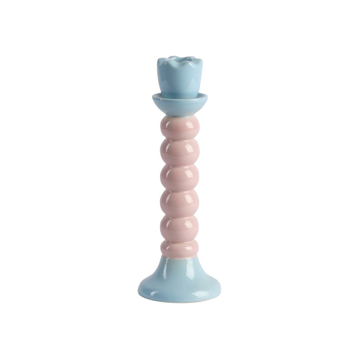 JOSSAN Ljusstake i stengods med rosa kulstam och ljusblå fot och ljuskopp, Ø8 × H22 cm