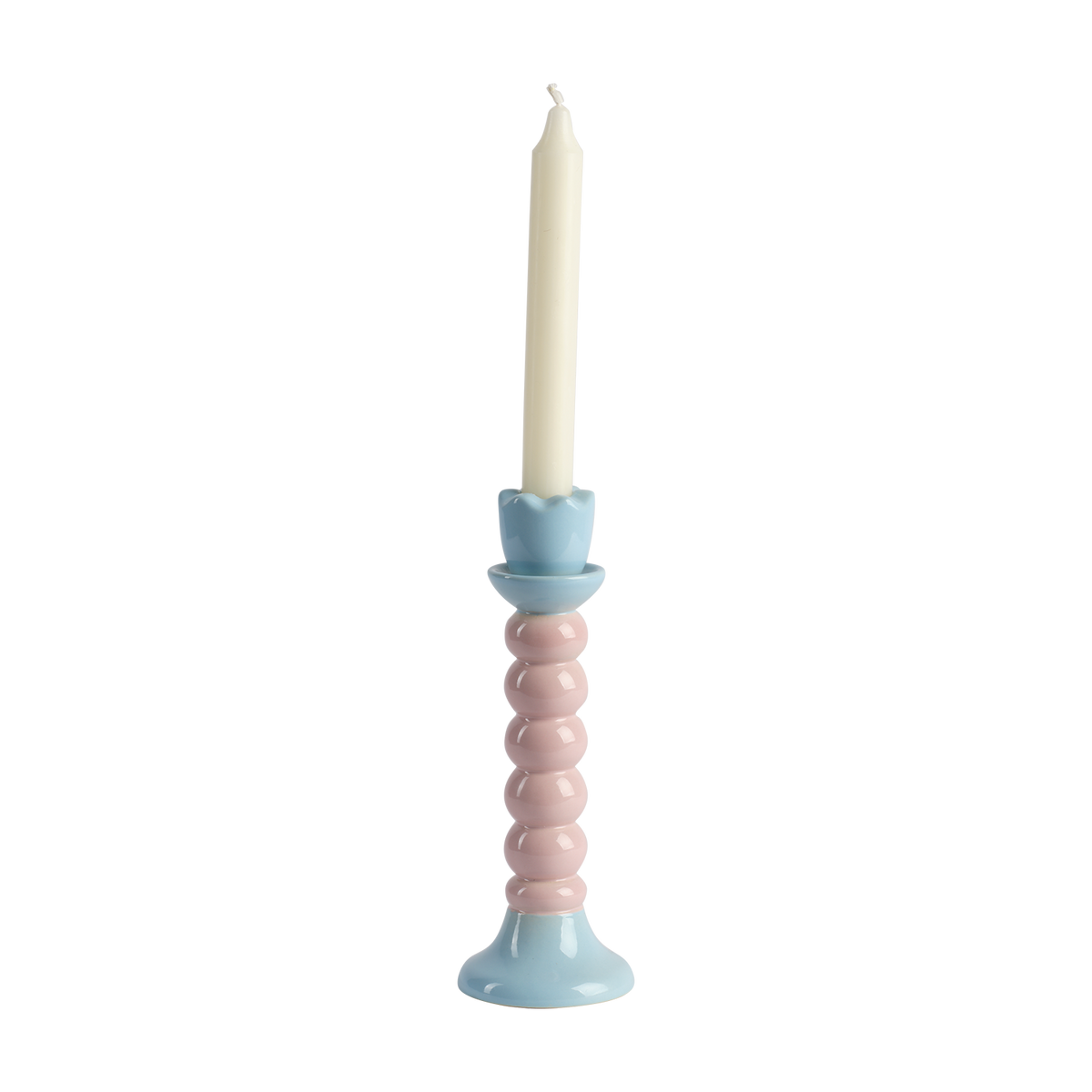 JOSSAN Ljusstake i stengods med rosa kulstam och ljusblå fot och ljuskopp, Ø8 × H22 cm – bild 2