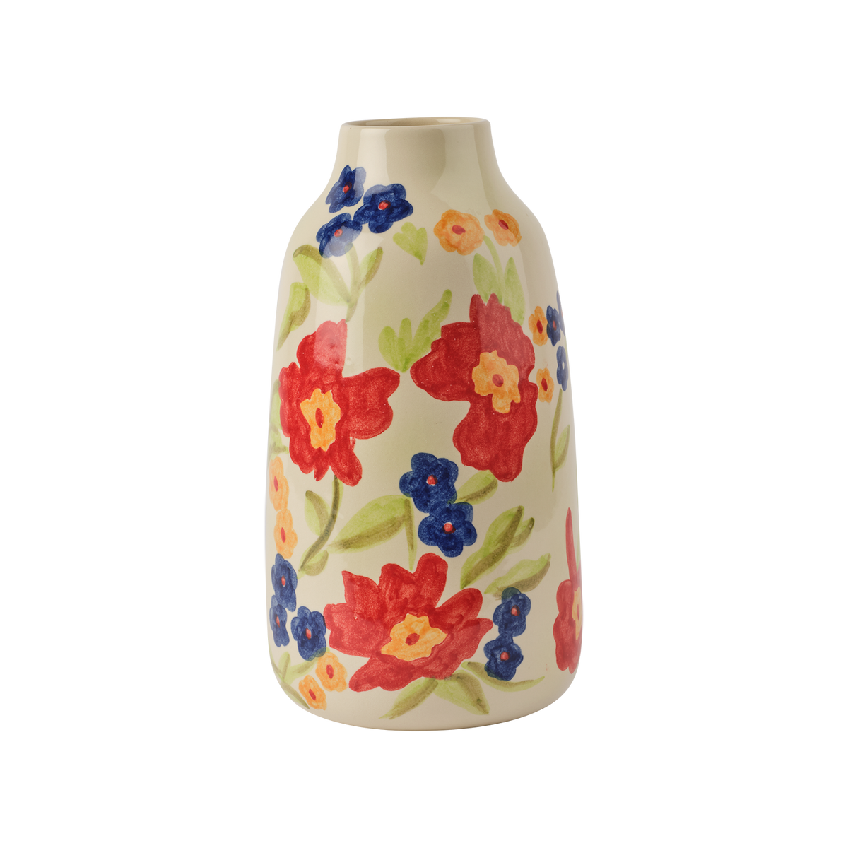 LISETT Vas i elfenbensvitt stengods med handmålade röda, blå och gula blommor, Ø16 cm och 30 cm hög