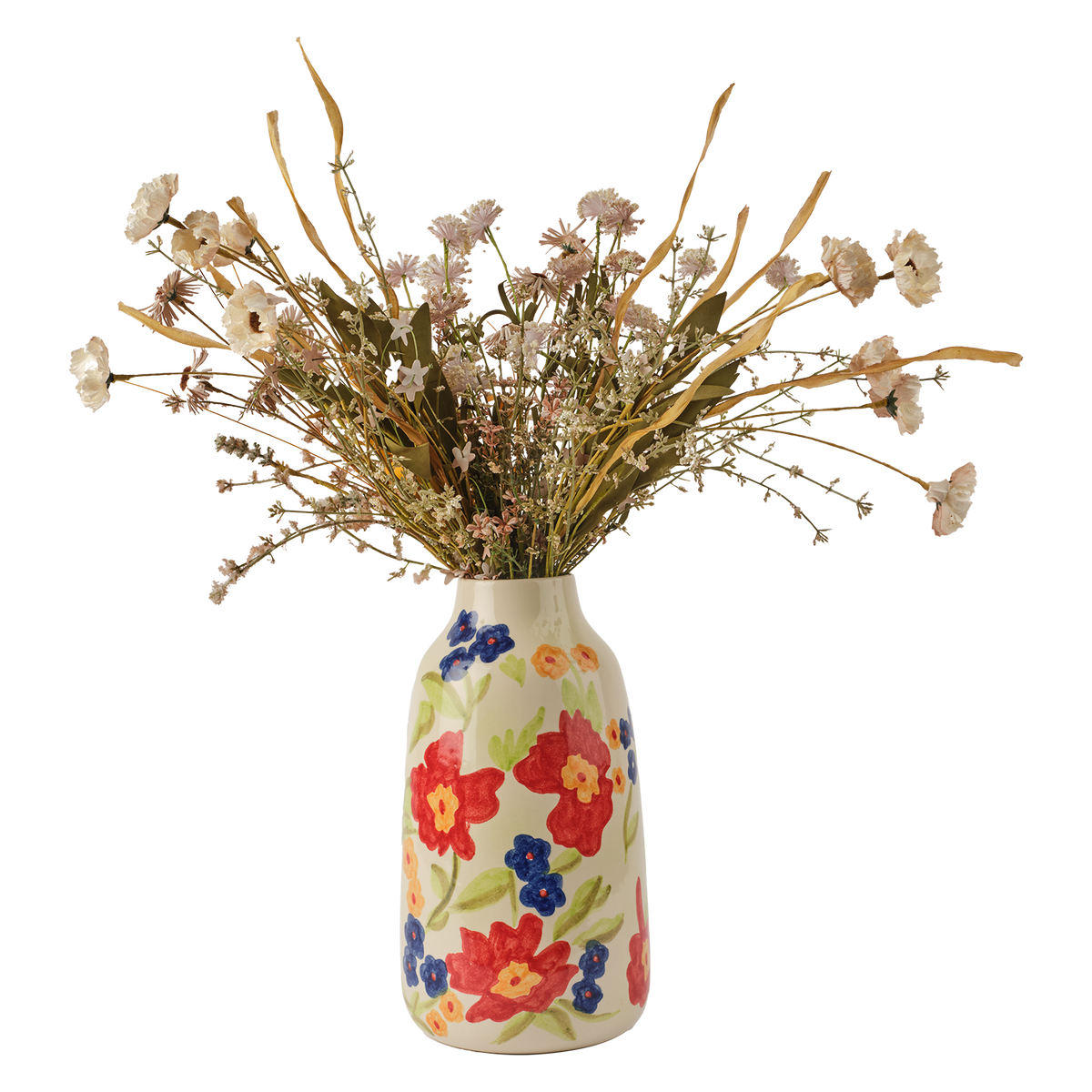 LISETT Vas i elfenbensvitt stengods med handmålade röda, blå och gula blommor, Ø16 cm och 30 cm hög – bild 2