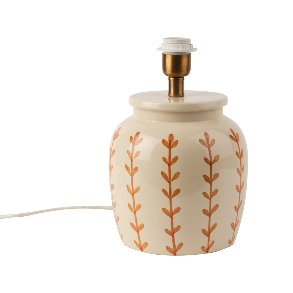 LISETT Lampfot i elfenbensvitt stengods med handmålade senapsgula bladrankor, Ø19,5 cm och 28 cm hög