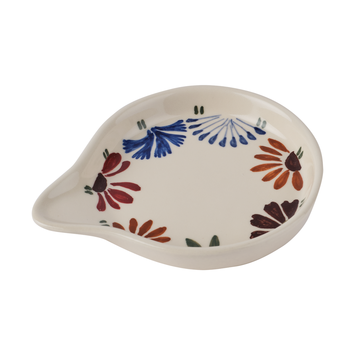 ANNABELLE Slevfat i varmvitt stengods med handmålade blommor i blått och rost, 12 × 10 cm