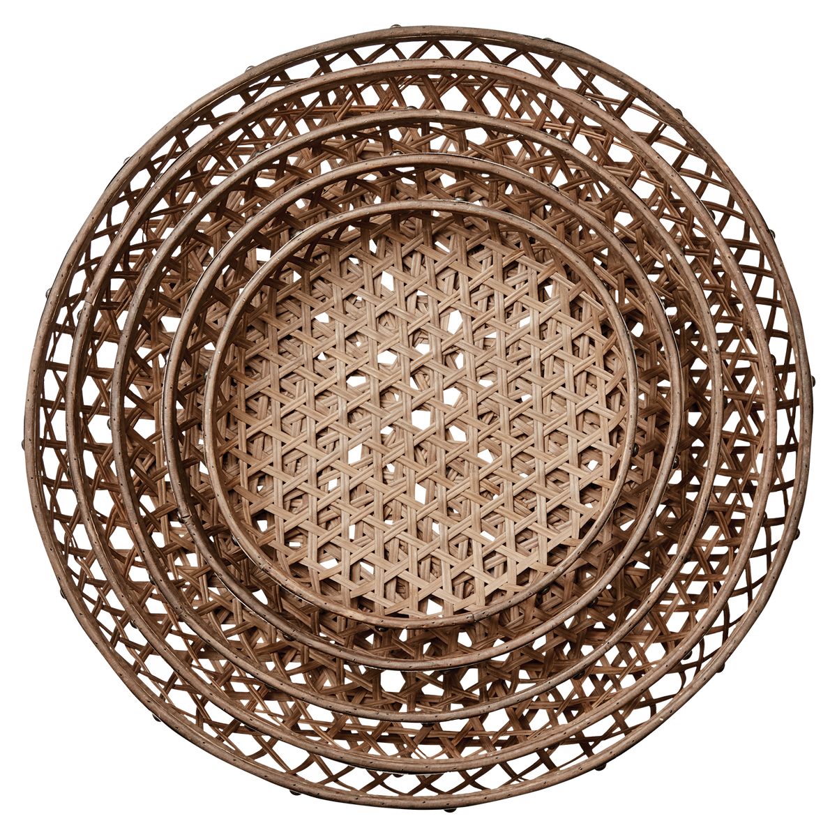 SINAN Fat, set om 5 i flätad bambu med metallkant, natur, från Ø43 till Ø75 cm – bild 3