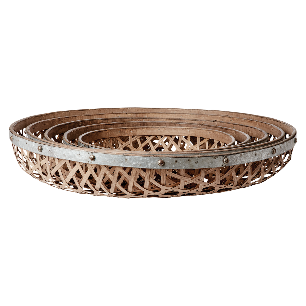 SINAN Fat, set om 5 i flätad bambu med metallkant, natur, från Ø43 till Ø75 cm – bild 2
