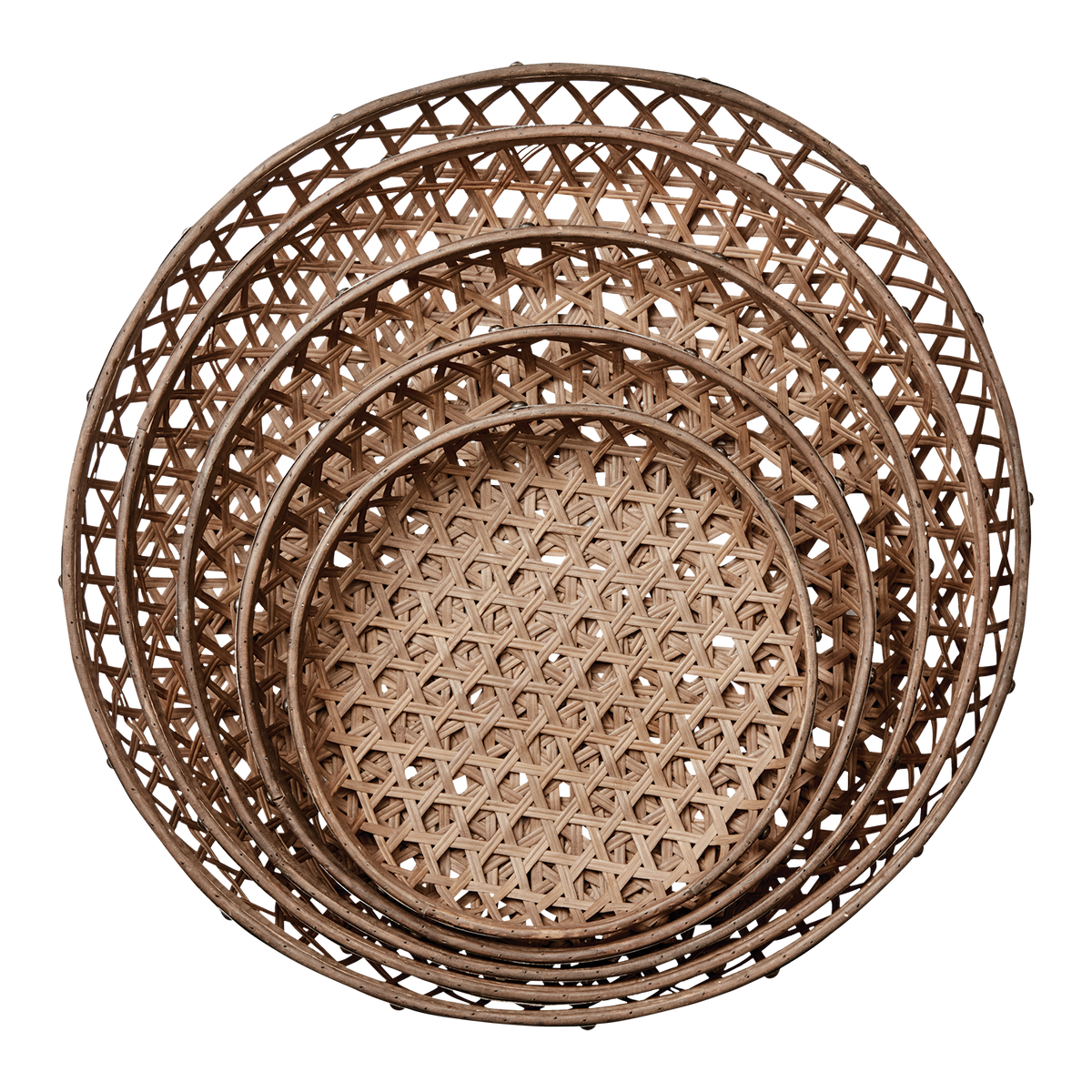 SINAN Fat, set om 5 i flätad bambu med metallkant, natur, från Ø43 till Ø75 cm