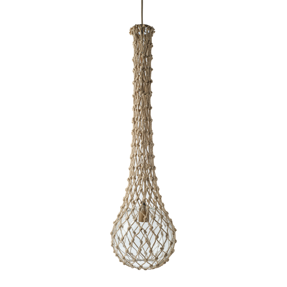 LANDO Lampa med rund glaskolv i handknutet jutenät, Ø25 cm och 90 cm hög