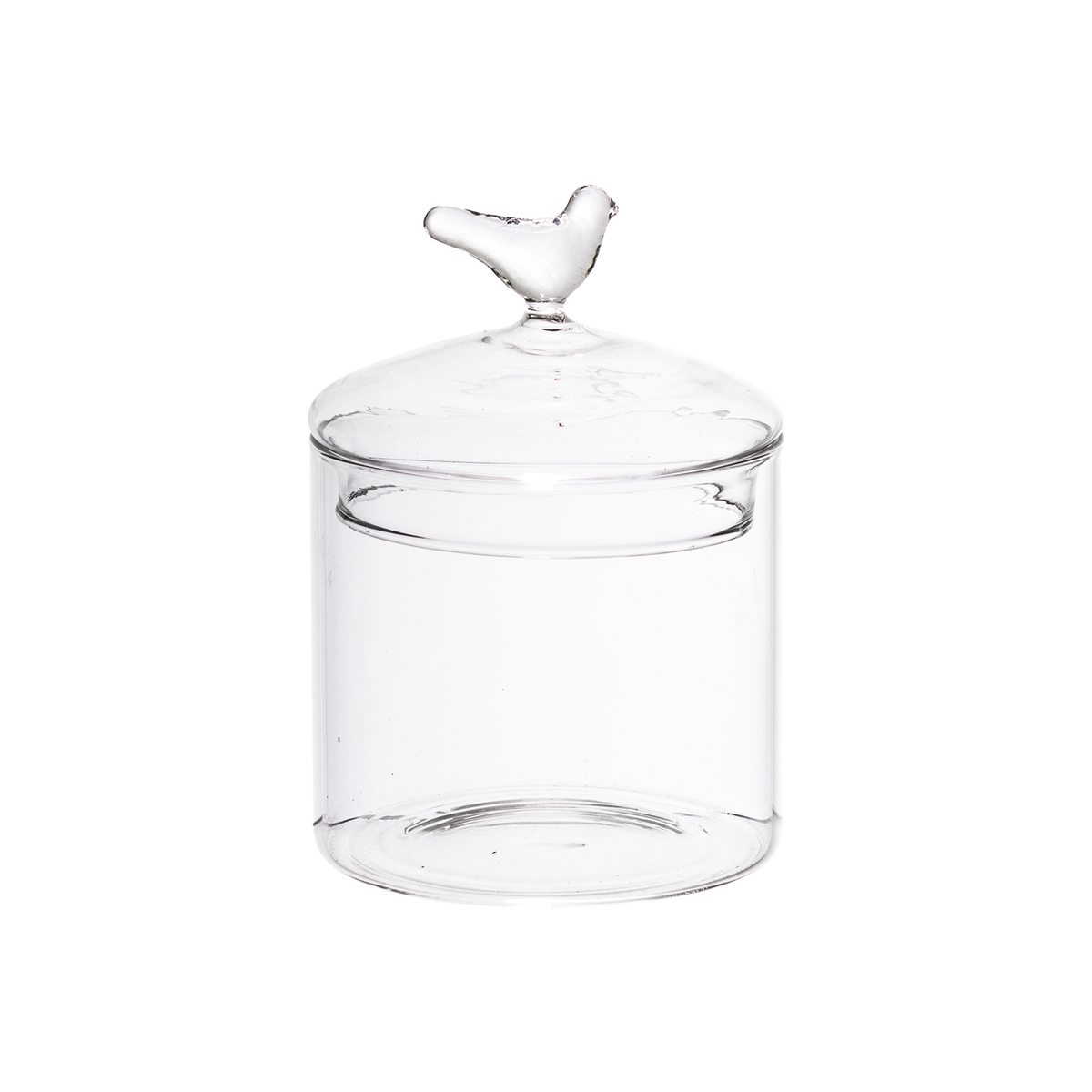 KLING Burk med lock i klart glas med fågel som knopp, höjd 14 cm