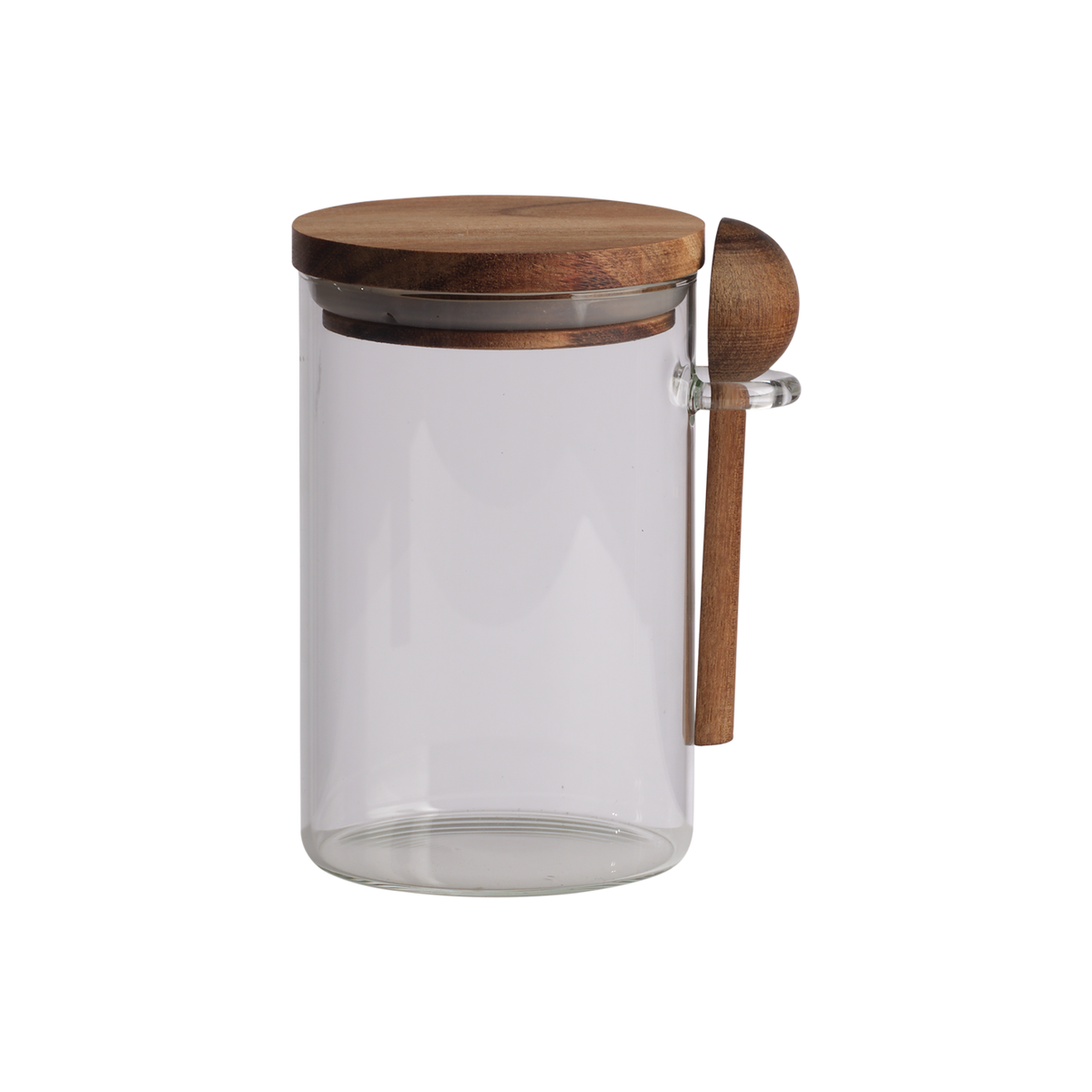 KALLE Burk med lock i klart glas och akaciaträ med hängande träsked, höjd 13 cm
