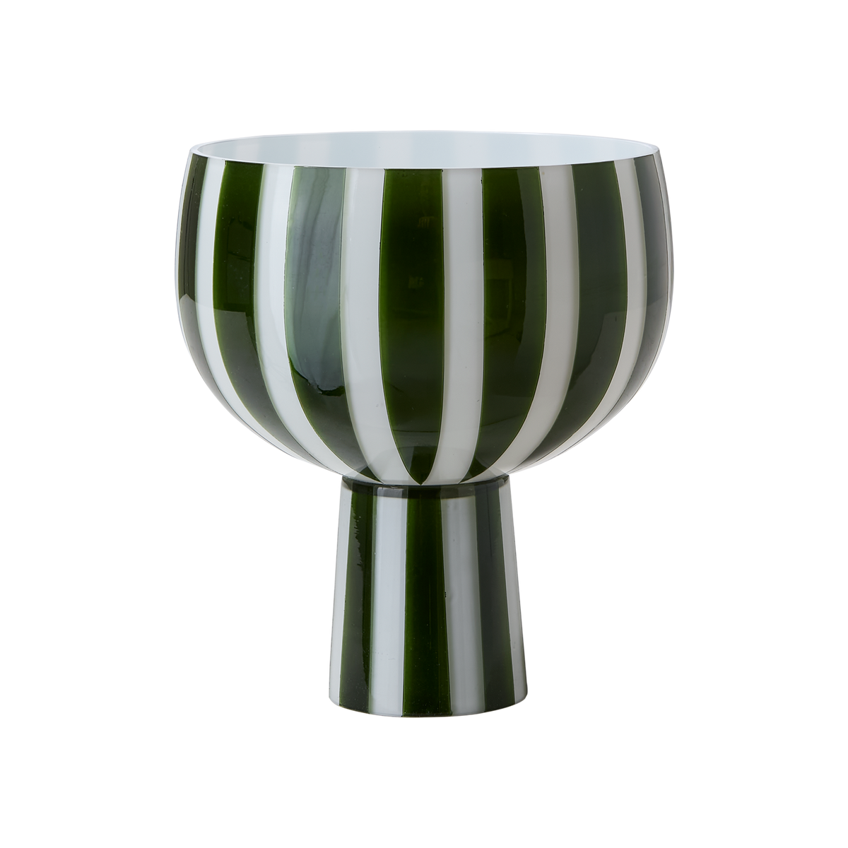 CIRCUS Skål på fot i glas med breda gröna och vita ränder, 19 cm hög