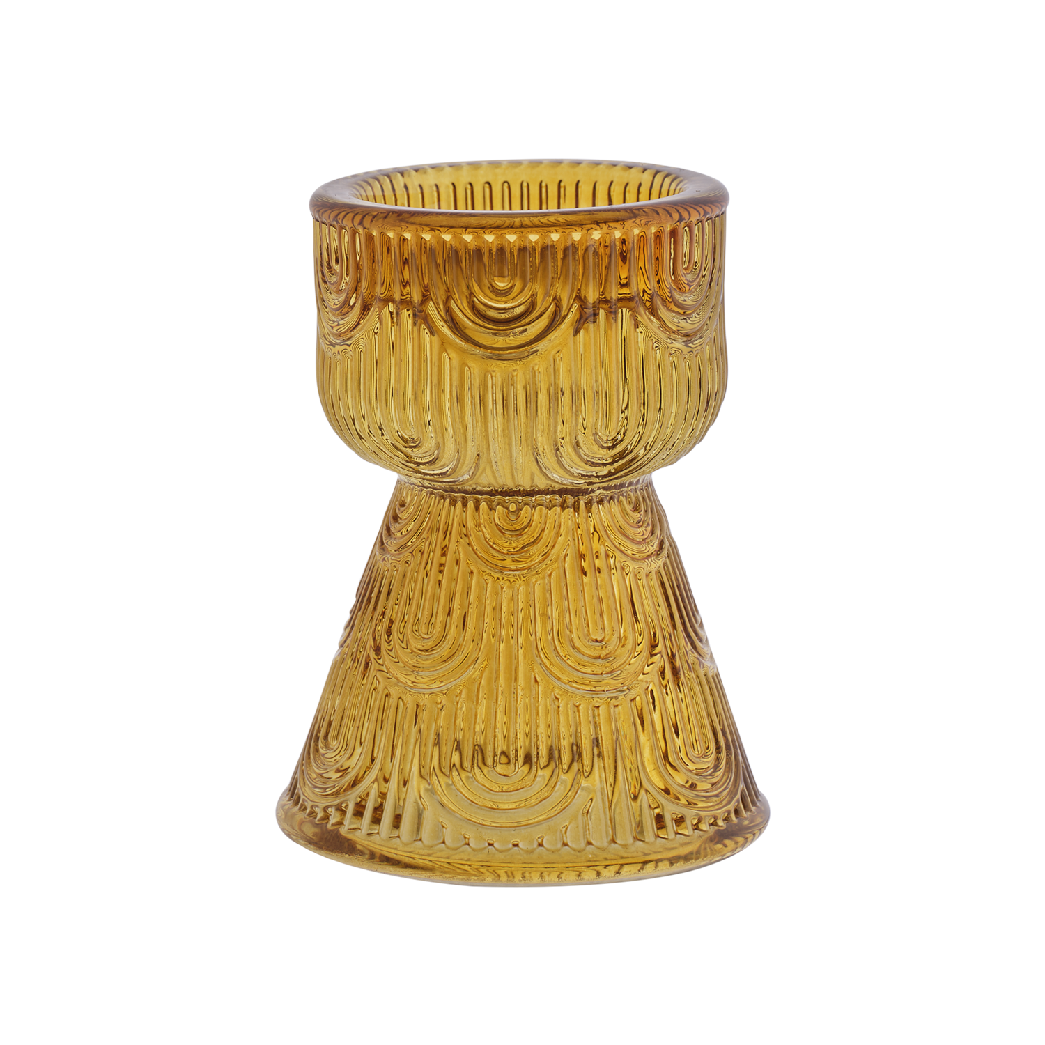 DAISY Ljusstake, Bärnsten – timglasformad ljusstake i pressglas med bågmönster, H9,5 cm