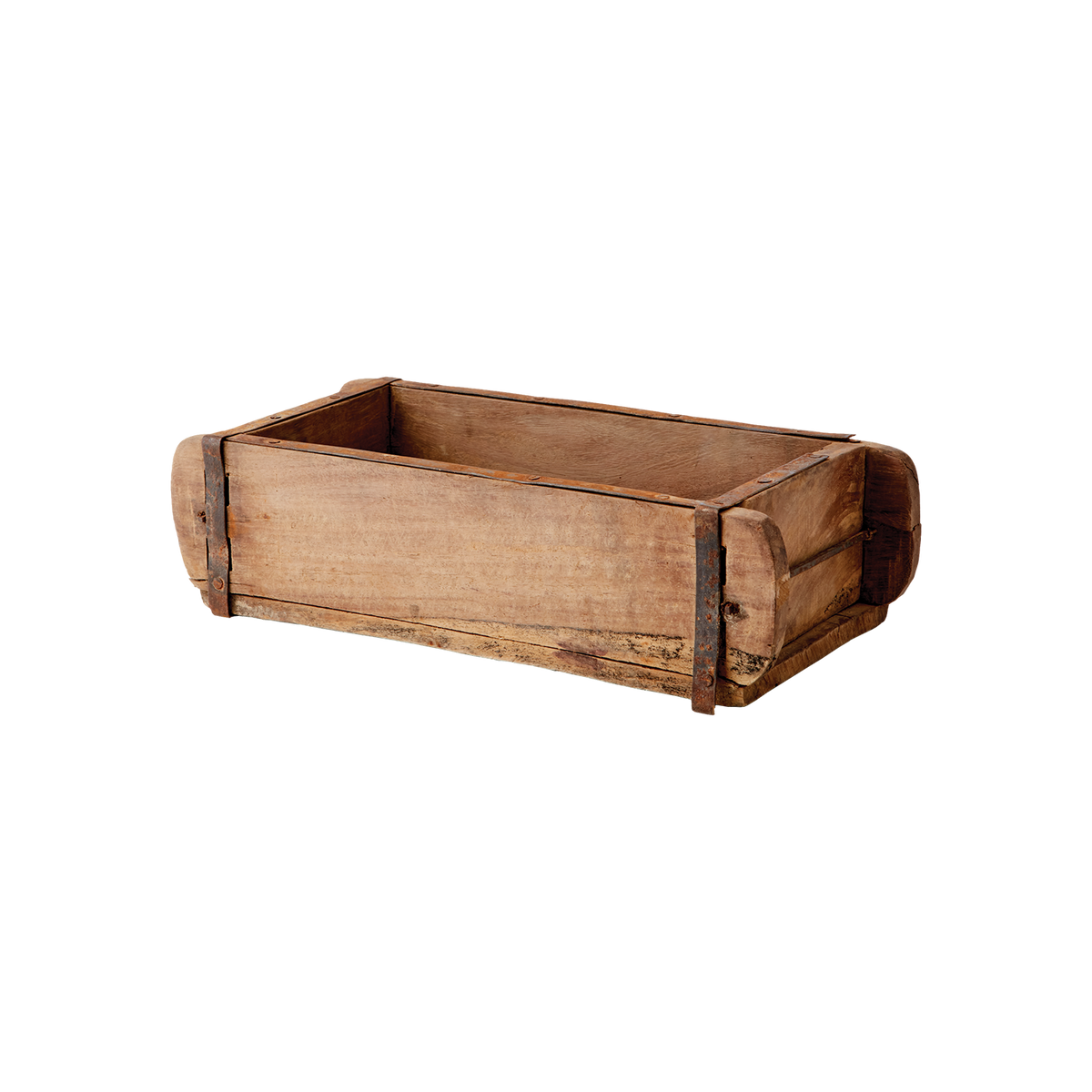 UNIQUE Vintage tegelstensform i slitet trä med rostiga järnband, ca 32 × 15 × 9 cm
