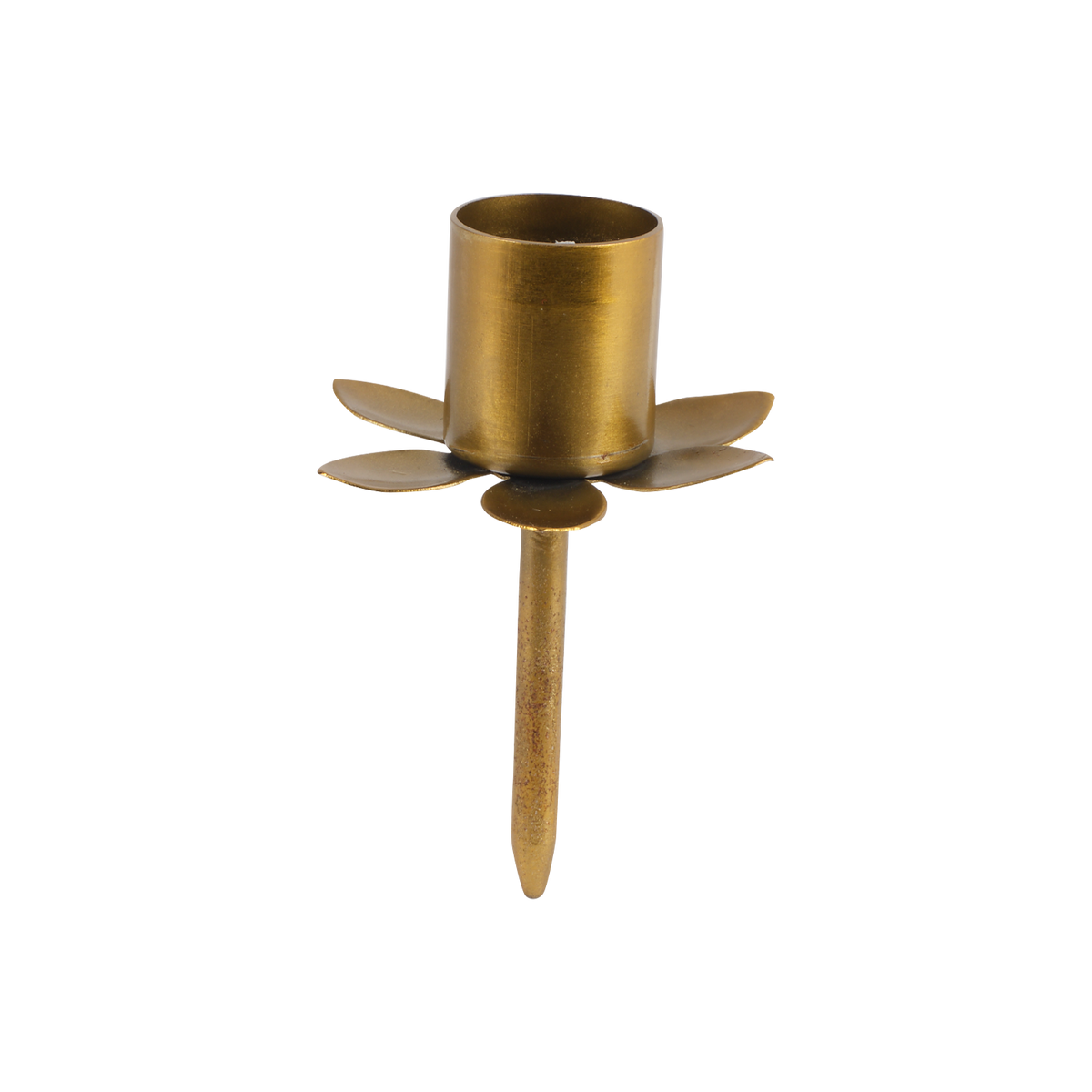 THOR Ljusstake i guldfärgat järn med blomformade blad kring hylsan och lång spets, 8 cm hög