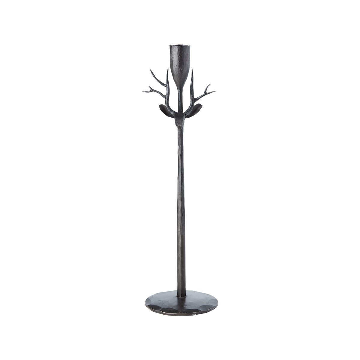 THOR Ljusstake i svart järn med hjorthuvud och horn under ljuskoppen, 36 cm hög
