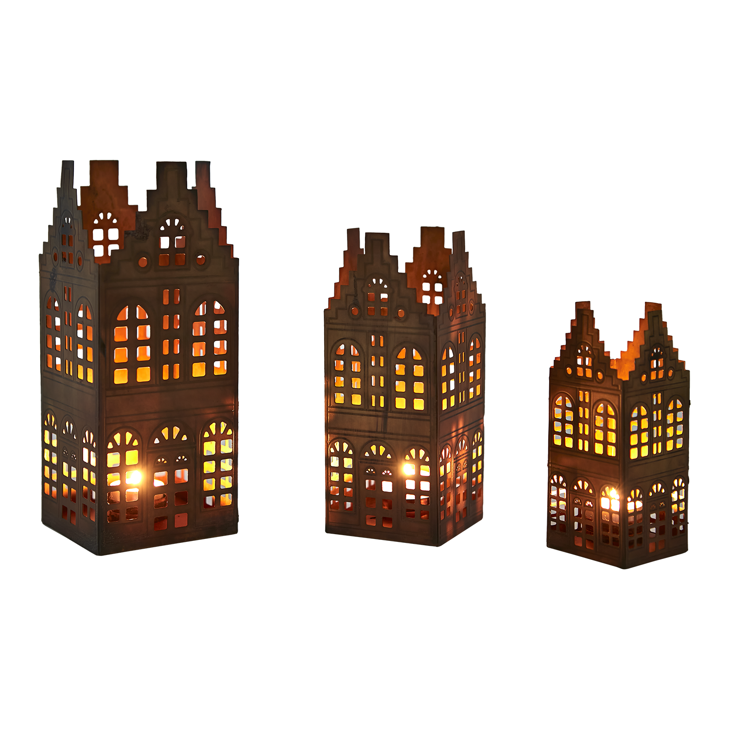 VILLAGE Ljuslykta hus, set om 3, Mässingsfärgad 2