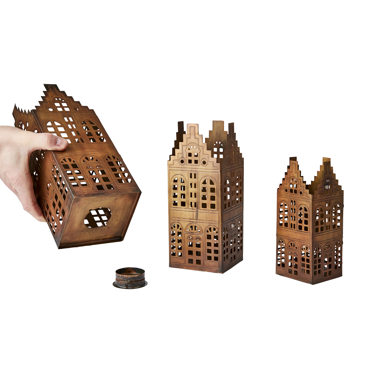 VILLAGE Ljuslykta hus, set om 3, Mässingsfärgad 3