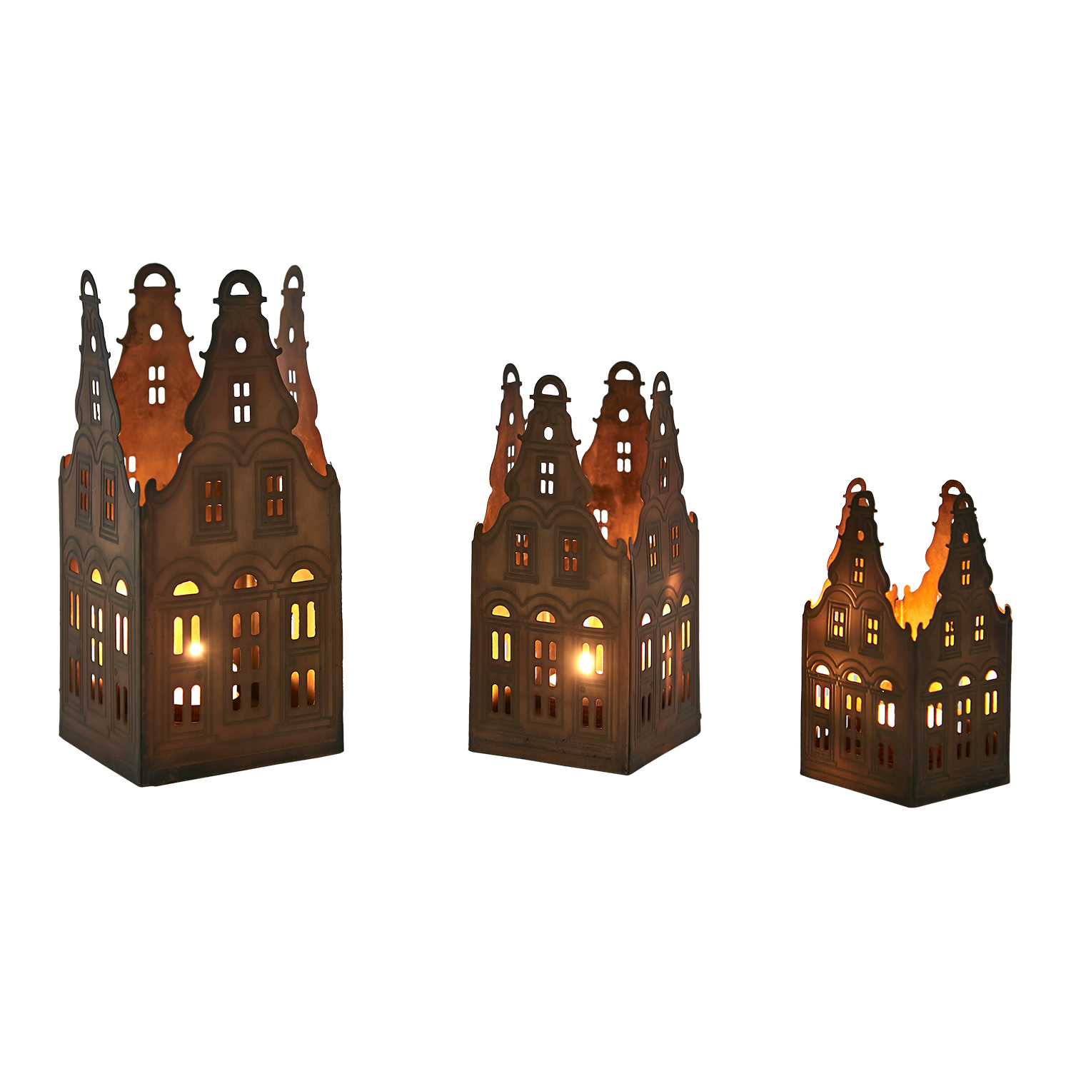 VILLAGE Ljuslykta hus, set om 3, Mässingsfärgad 7