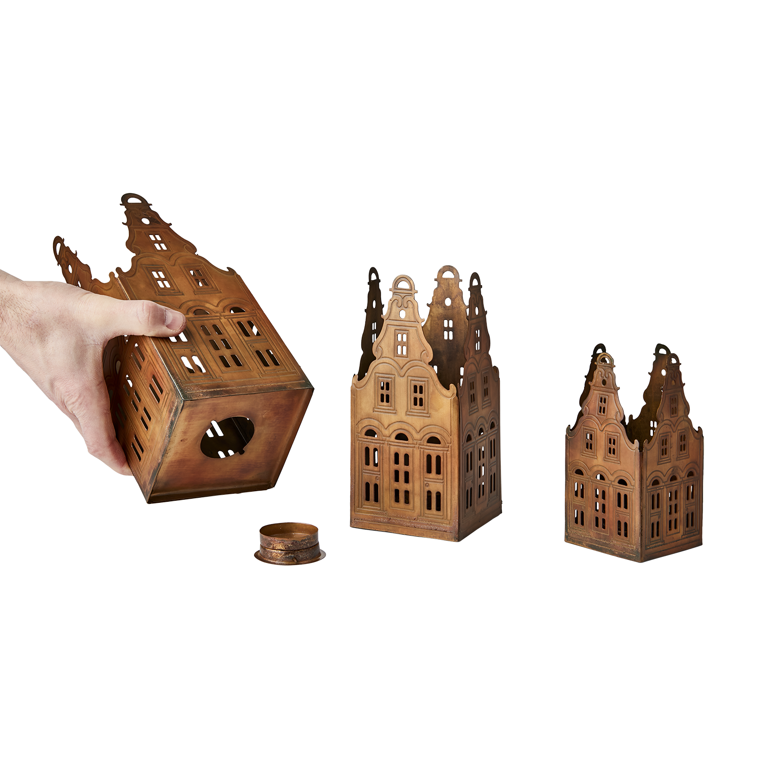 VILLAGE Ljuslykta hus, set om 3, Mässingsfärgad 8