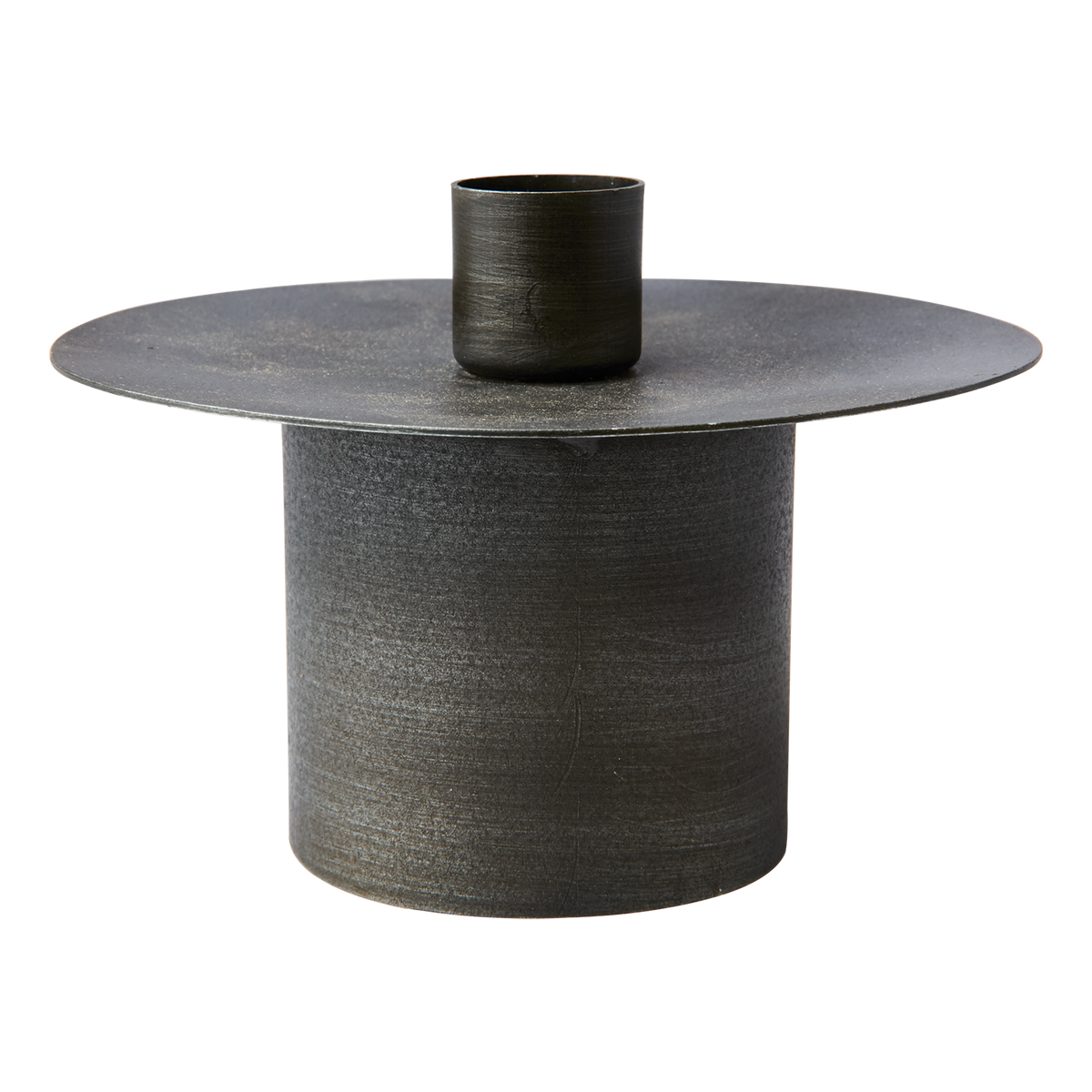 THOMAS Ljusstake L i mörkgrått patinerat järn med bred skiva och cylindrisk fot, Ø12 × H9 cm