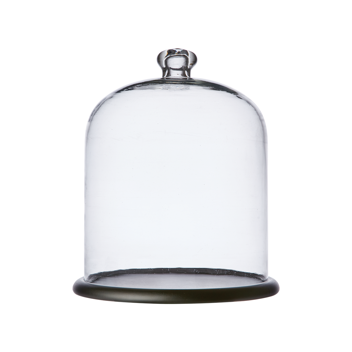 BELLA Glaskupa med fat L i klart munblåst glas på svart träfat, Ø23 cm och 28 cm hög
