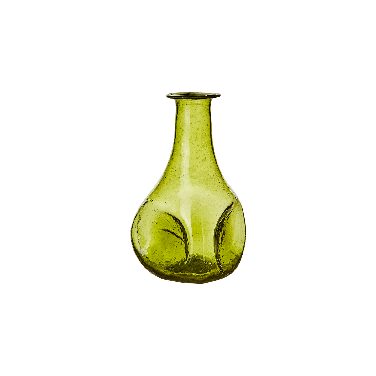 VIOLETTA Vas S i olivgrönt munblåst glas med smal hals och intryckta sidor, Ø10 × H14 cm