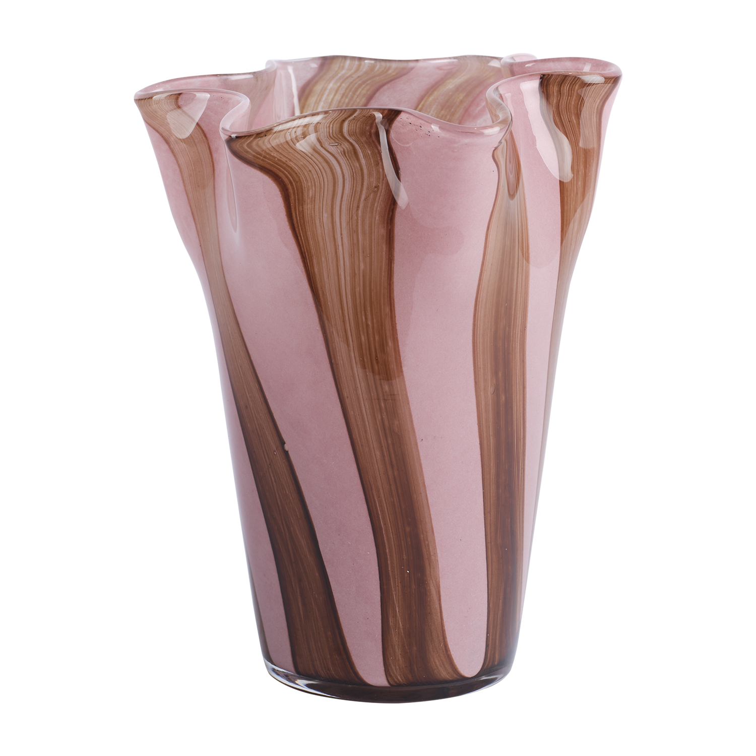 MIMOSA Vas, Rosa/bruna – vas i rosa glas med bruna ränder och veckad mynning, H22 cm